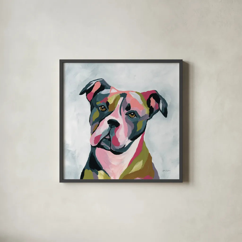 Abstract Pitbull by Yvette St. Amant. Shown in a sleek black glass frame for a contemporary gallery look. Available as an archival giclee rolled canvas, fine art paper, or poster print. SKU 89576a.