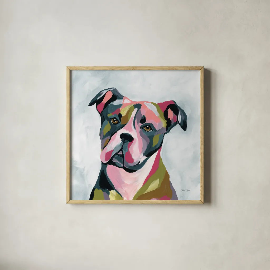 Abstract Pitbull by Yvette St. Amant. Shown in a natural wood glass frame for a timeless modern aesthetic. Available as an archival giclee rolled canvas, fine art paper, or poster print. SKU 89576a.