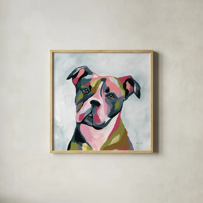 Abstract Pitbull by Yvette St. Amant. Shown in a natural wood glass frame for a timeless modern aesthetic. Available as an archival giclee rolled canvas, fine art paper, or poster print. SKU 89576a.