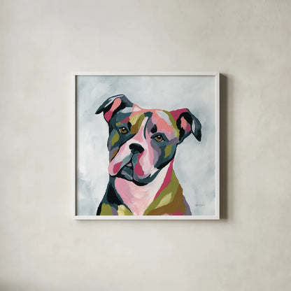 Abstract Pitbull by Yvette St. Amant. Shown in a crisp white glass frame for a clean and minimalist style. Available as an archival giclee rolled canvas, fine art paper, or poster print. SKU 89576a.