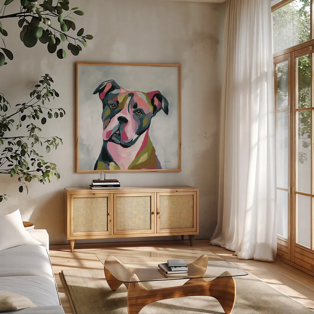 Abstract Pitbull by Yvette St. Amant. Shown in a natural wood frame in a cozy modern living room. Available as an archival giclee rolled canvas, fine art paper, or poster print. SKU 89576a.