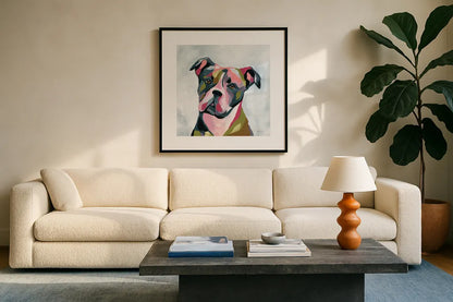 Abstract Pitbull by Yvette St. Amant. Displayed in a glass frame with matte in a clean modern living room. Available as an archival giclee rolled canvas, fine art paper, or poster print. SKU 89576a.
