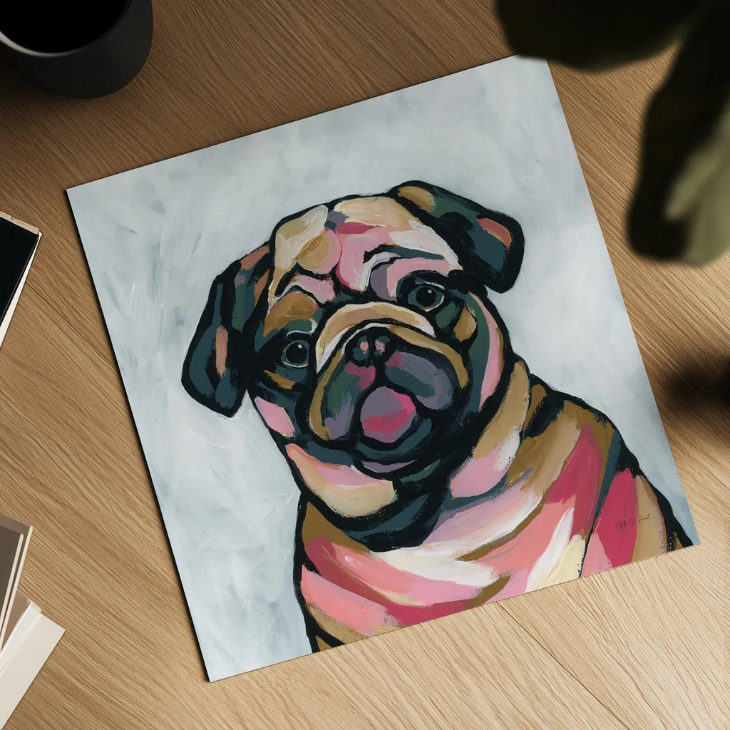 Abstract Pug by Yvette St. Amant. Shown as a detailed flat fine art print, highlighting archival giclee quality. Available as an archival giclee rolled canvas, fine art paper, or poster print. SKU 89577a.