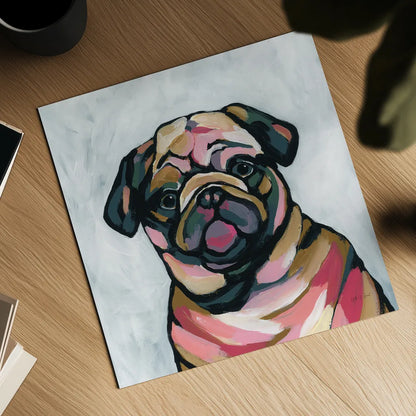 Abstract Pug by Yvette St. Amant. Shown as a detailed flat fine art print, highlighting archival giclee quality. Available as an archival giclee rolled canvas, fine art paper, or poster print. SKU 89577a.