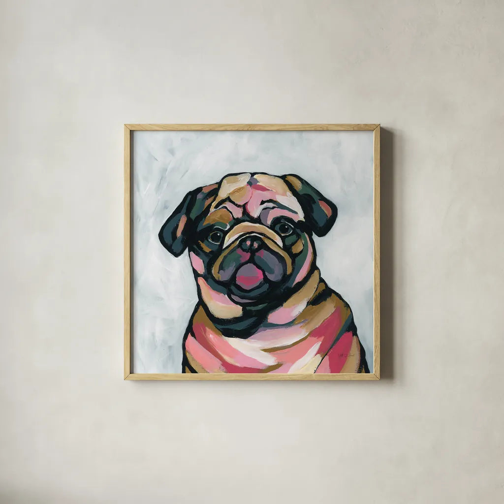 Abstract Pug by Yvette St. Amant. Shown in a natural wood glass frame for a timeless modern aesthetic. Available as an archival giclee rolled canvas, fine art paper, or poster print. SKU 89577a.