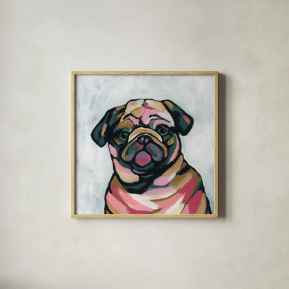 Abstract Pug by Yvette St. Amant. Shown in a natural wood glass frame for a timeless modern aesthetic. Available as an archival giclee rolled canvas, fine art paper, or poster print. SKU 89577a.