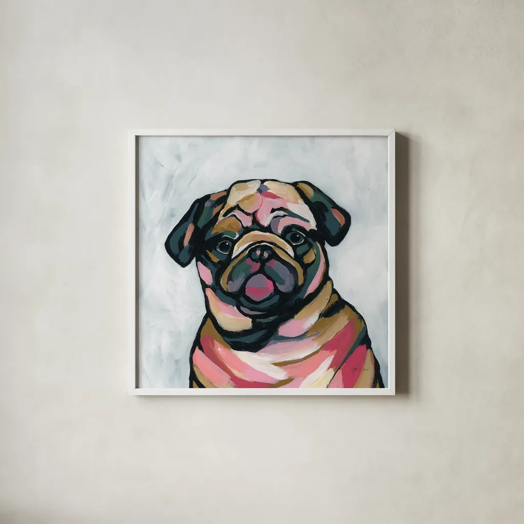 Abstract Pug by Yvette St. Amant. Shown in a crisp white glass frame for a clean and minimalist style. Available as an archival giclee rolled canvas, fine art paper, or poster print. SKU 89577a.