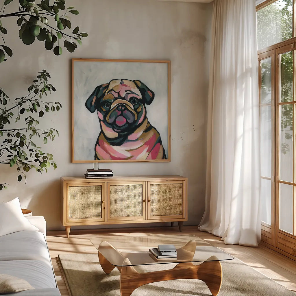 Abstract Pug by Yvette St. Amant. Shown in a natural wood frame in a cozy modern living room. Available as an archival giclee rolled canvas, fine art paper, or poster print. SKU 89577a.