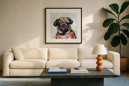 Abstract Pug by Yvette St. Amant. Displayed in a glass frame with matte in a clean modern living room. Available as an archival giclee rolled canvas, fine art paper, or poster print. SKU 89577a.
