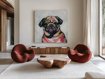 Abstract Pug by Yvette St. Amant. Shown as extra-large giant wall art in a modern living room. Available as an archival giclee rolled canvas, fine art paper, or poster print. SKU 89577a.