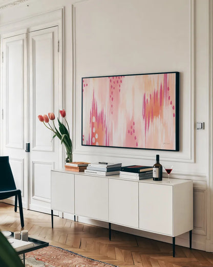 Abstract Sherbet Twist by Yvette St. Amant. shown as a framed stretched canvas in a living room above a console. Available as a archival giclee rolled canvas, fine art paper, or poster print. SKU 88231i.