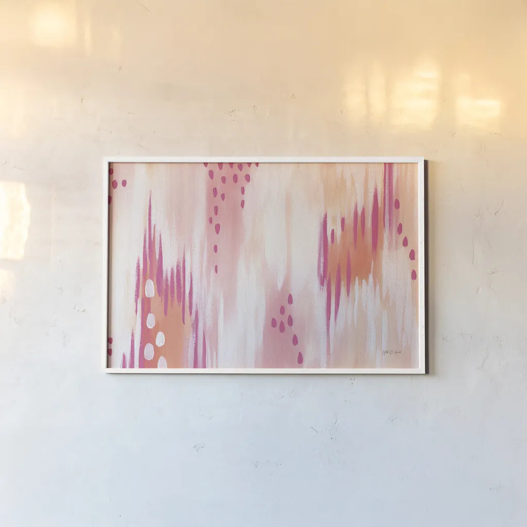 Abstract Sherbet Twist by Yvette St. Amant. shown as a paper print in a white frame. Available as a archival giclee rolled canvas, fine art paper, or poster print. SKU 88231i.