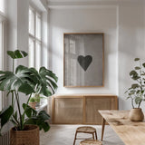 Ace of Hearts Neutral by Yvette St. Amant. shown as a print in a natural wood frame in a dining room. Available as a archival giclee rolled canvas, fine art paper, or poster print. SKU 96140h.
