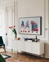 American Gnome I by Yvette St. Amant. shown as a framed stretched canvas in a living room above a console. Available as a archival giclee rolled canvas, fine art paper, or poster print. SKU 91829i.