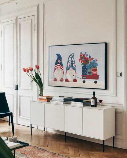 American Gnome I by Yvette St. Amant. shown as a framed stretched canvas in a living room above a console. Available as a archival giclee rolled canvas, fine art paper, or poster print. SKU 91829i.