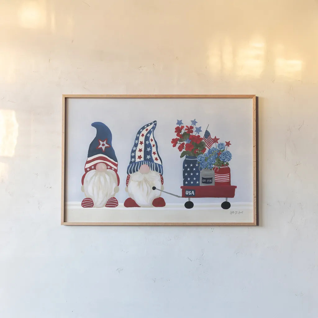 American Gnome I by Yvette St. Amant. shown as a paper print in a natural frame. Available as a archival giclee rolled canvas, fine art paper, or poster print. SKU 91829i.