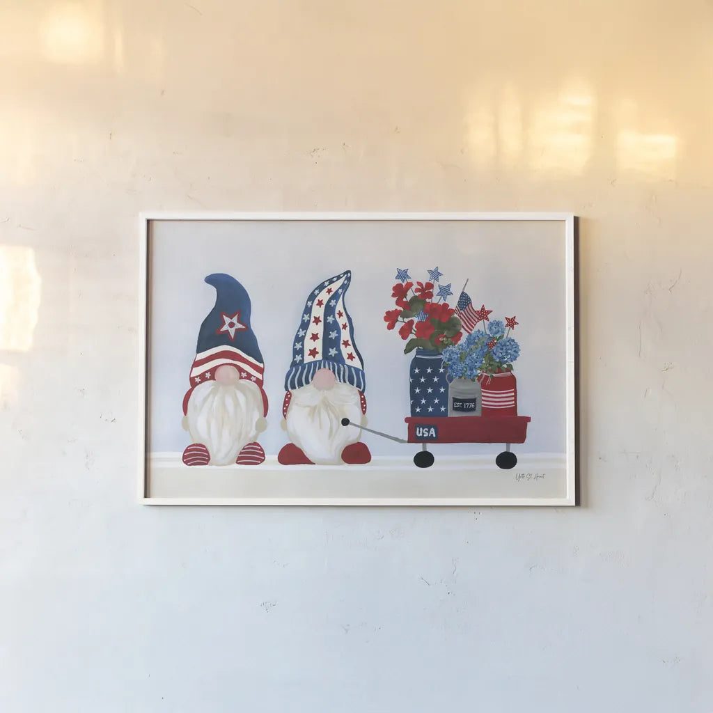 American Gnome I by Yvette St. Amant. shown as a paper print in a white frame. Available as a archival giclee rolled canvas, fine art paper, or poster print. SKU 91829i.
