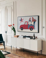 American Gnome II by Yvette St. Amant. shown as a framed stretched canvas in a living room above a console. Available as a archival giclee rolled canvas, fine art paper, or poster print. SKU 91830i.
