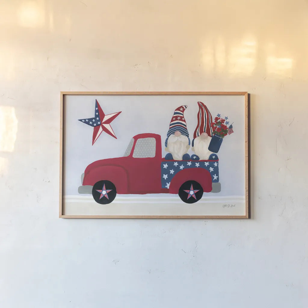 American Gnome II by Yvette St. Amant. shown as a paper print in a natural frame. Available as a archival giclee rolled canvas, fine art paper, or poster print. SKU 91830i.