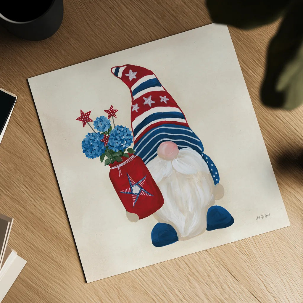 American Gnome III by Yvette St. Amant. Shown as a detailed flat fine art print, highlighting archival giclee quality. Available as an archival giclee rolled canvas, fine art paper, or poster print. SKU 91831a.