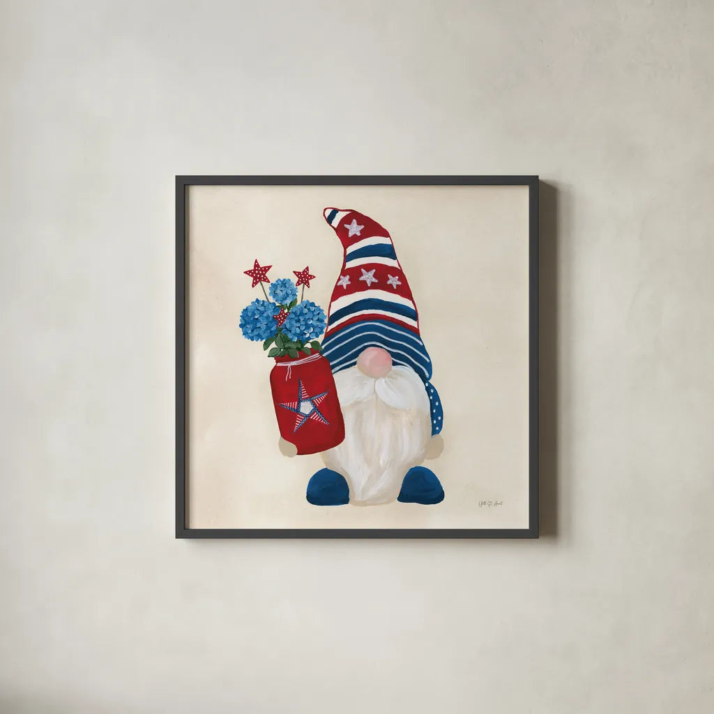 American Gnome III by Yvette St. Amant. Shown in a sleek black glass frame for a contemporary gallery look. Available as an archival giclee rolled canvas, fine art paper, or poster print. SKU 91831a.