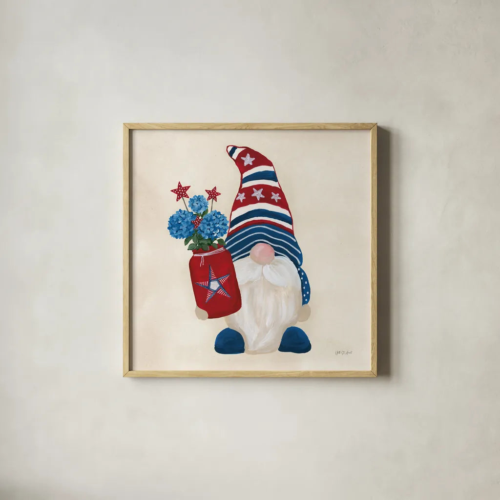 American Gnome III by Yvette St. Amant. Shown in a natural wood glass frame for a timeless modern aesthetic. Available as an archival giclee rolled canvas, fine art paper, or poster print. SKU 91831a.
