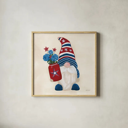 American Gnome III by Yvette St. Amant. Shown in a natural wood glass frame for a timeless modern aesthetic. Available as an archival giclee rolled canvas, fine art paper, or poster print. SKU 91831a.