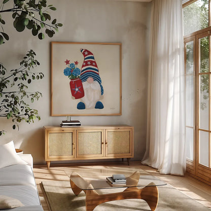 American Gnome III by Yvette St. Amant. Shown in a natural wood frame in a cozy modern living room. Available as an archival giclee rolled canvas, fine art paper, or poster print. SKU 91831a.