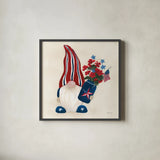 American Gnome IV by Yvette St. Amant. Shown in a sleek black glass frame for a contemporary gallery look. Available as an archival giclee rolled canvas, fine art paper, or poster print. SKU 91832a.