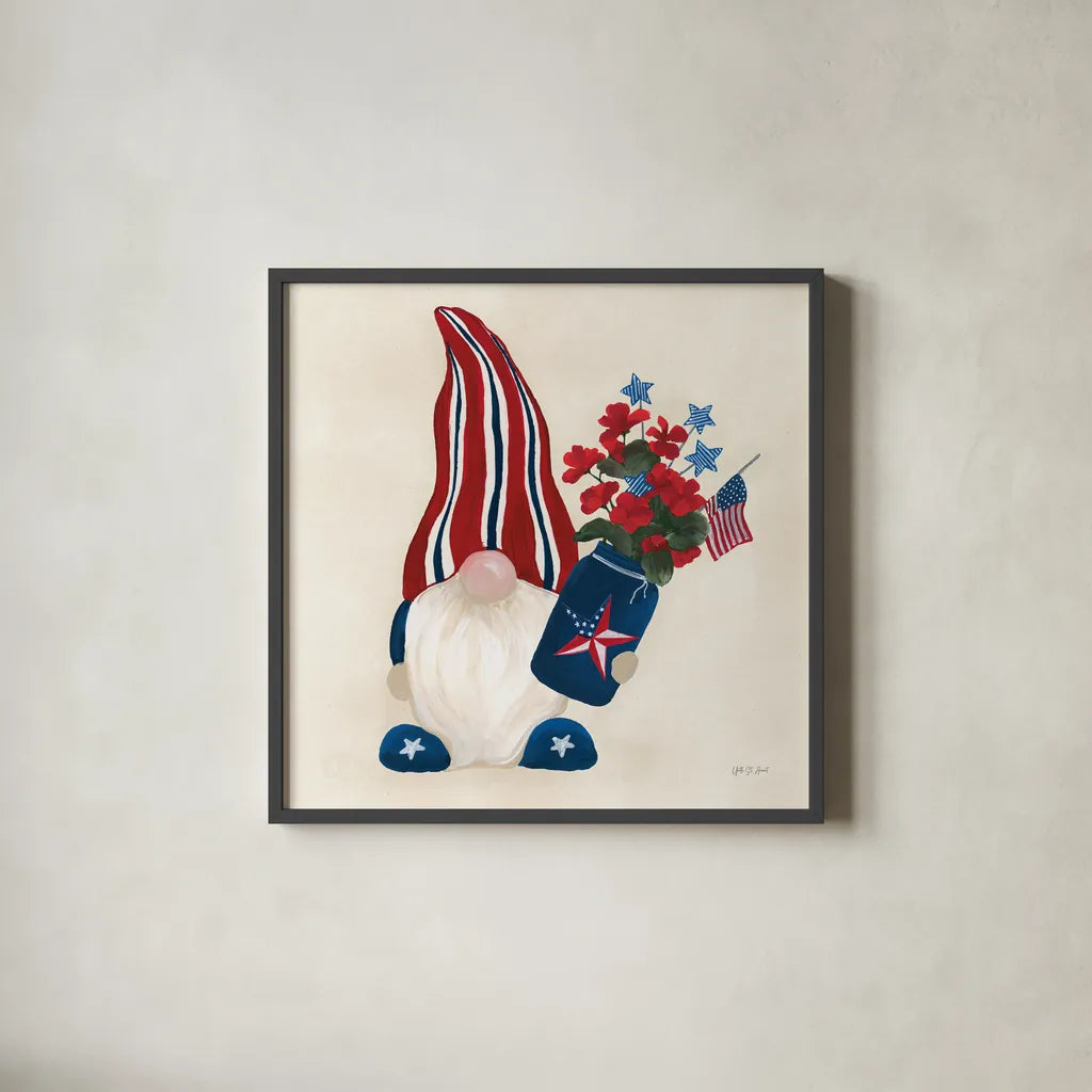 American Gnome IV by Yvette St. Amant. Shown in a sleek black glass frame for a contemporary gallery look. Available as an archival giclee rolled canvas, fine art paper, or poster print. SKU 91832a.