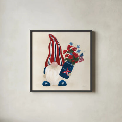 American Gnome IV by Yvette St. Amant. Shown in a sleek black glass frame for a contemporary gallery look. Available as an archival giclee rolled canvas, fine art paper, or poster print. SKU 91832a.