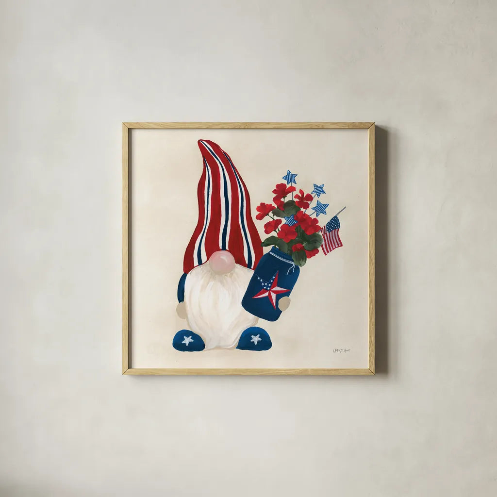 American Gnome IV by Yvette St. Amant. Shown in a natural wood glass frame for a timeless modern aesthetic. Available as an archival giclee rolled canvas, fine art paper, or poster print. SKU 91832a.