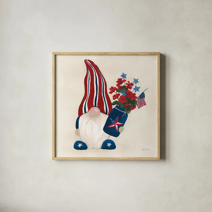 American Gnome IV by Yvette St. Amant. Shown in a natural wood glass frame for a timeless modern aesthetic. Available as an archival giclee rolled canvas, fine art paper, or poster print. SKU 91832a.
