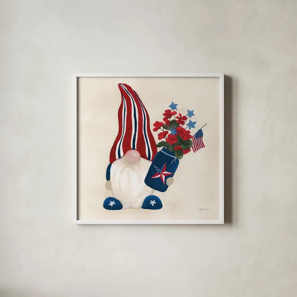 American Gnome IV by Yvette St. Amant. Shown in a crisp white glass frame for a clean and minimalist style. Available as an archival giclee rolled canvas, fine art paper, or poster print. SKU 91832a.