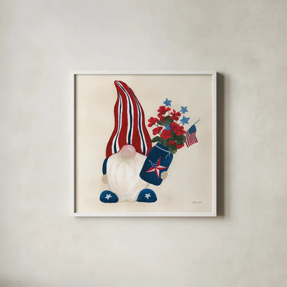 American Gnome IV by Yvette St. Amant. Shown in a crisp white glass frame for a clean and minimalist style. Available as an archival giclee rolled canvas, fine art paper, or poster print. SKU 91832a.