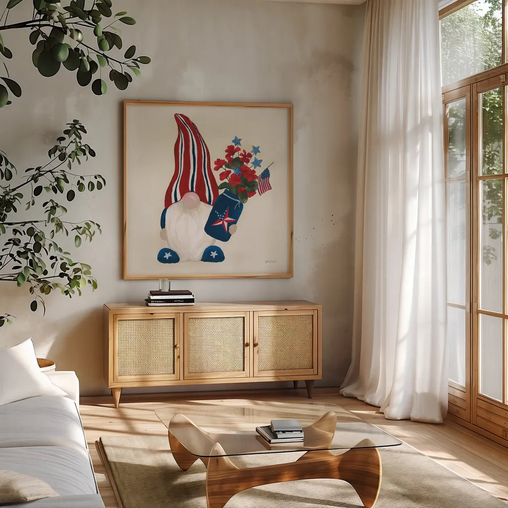 American Gnome IV by Yvette St. Amant. Shown in a natural wood frame in a cozy modern living room. Available as an archival giclee rolled canvas, fine art paper, or poster print. SKU 91832a.