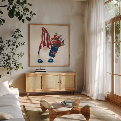 American Gnome IV by Yvette St. Amant. Shown in a natural wood frame in a cozy modern living room. Available as an archival giclee rolled canvas, fine art paper, or poster print. SKU 91832a.