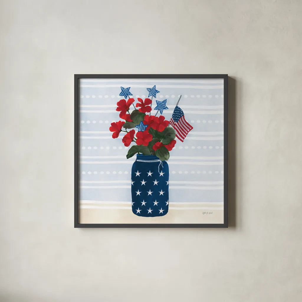 American Gnome IX by Yvette St. Amant. Shown in a sleek black glass frame for a contemporary gallery look. Available as an archival giclee rolled canvas, fine art paper, or poster print. SKU 91837a.