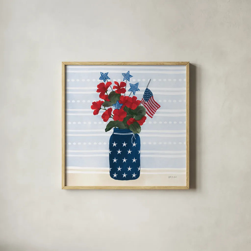 American Gnome IX by Yvette St. Amant. Shown in a natural wood glass frame for a timeless modern aesthetic. Available as an archival giclee rolled canvas, fine art paper, or poster print. SKU 91837a.