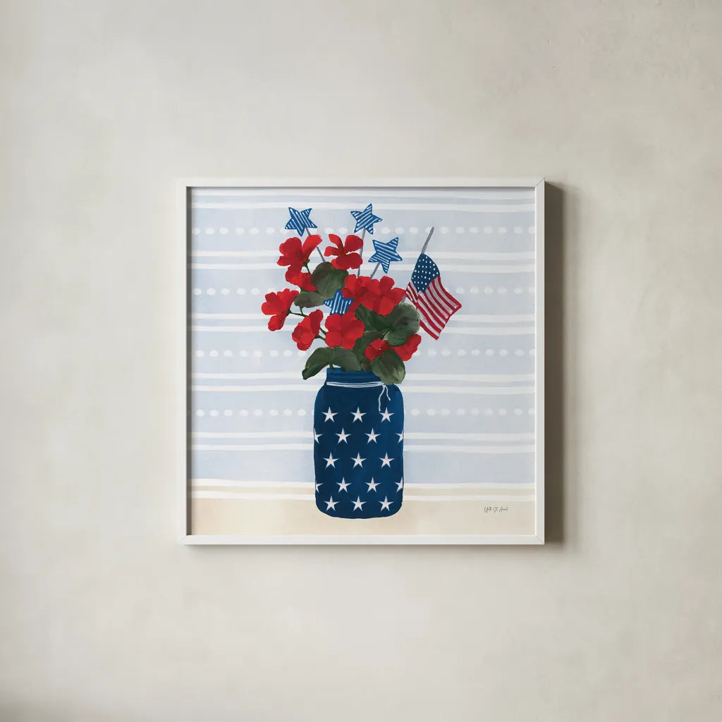 American Gnome IX by Yvette St. Amant. Shown in a crisp white glass frame for a clean and minimalist style. Available as an archival giclee rolled canvas, fine art paper, or poster print. SKU 91837a.