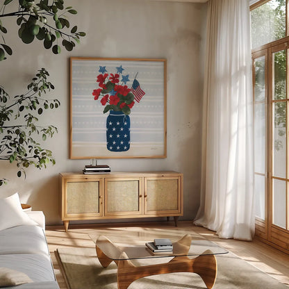 American Gnome IX by Yvette St. Amant. Shown in a natural wood frame in a cozy modern living room. Available as an archival giclee rolled canvas, fine art paper, or poster print. SKU 91837a.