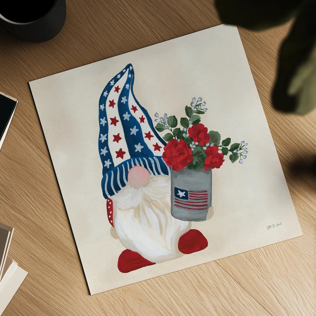 American Gnome V by Yvette St. Amant. Shown as a detailed flat fine art print, highlighting archival giclee quality. Available as an archival giclee rolled canvas, fine art paper, or poster print. SKU 91833a.