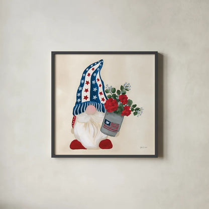 American Gnome V by Yvette St. Amant. Shown in a sleek black glass frame for a contemporary gallery look. Available as an archival giclee rolled canvas, fine art paper, or poster print. SKU 91833a.