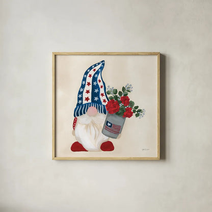 American Gnome V by Yvette St. Amant. Shown in a natural wood glass frame for a timeless modern aesthetic. Available as an archival giclee rolled canvas, fine art paper, or poster print. SKU 91833a.