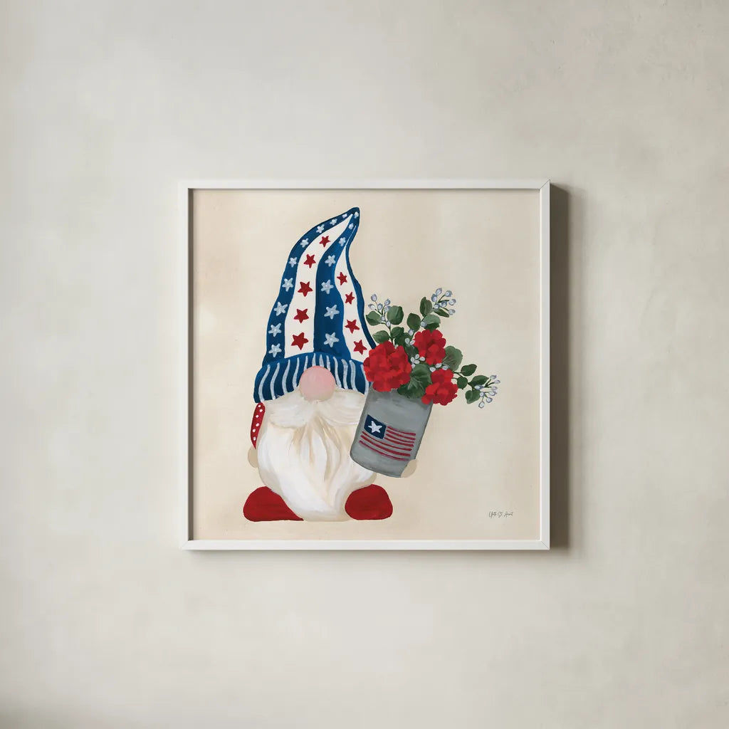 American Gnome V by Yvette St. Amant. Shown in a crisp white glass frame for a clean and minimalist style. Available as an archival giclee rolled canvas, fine art paper, or poster print. SKU 91833a.