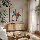 American Gnome V by Yvette St. Amant. Shown in a natural wood frame in a cozy modern living room. Available as an archival giclee rolled canvas, fine art paper, or poster print. SKU 91833a.