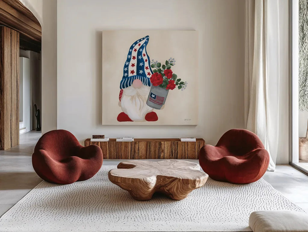 American Gnome V by Yvette St. Amant. Shown as extra-large giant wall art in a modern living room. Available as an archival giclee rolled canvas, fine art paper, or poster print. SKU 91833a.