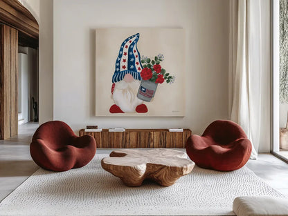 American Gnome V by Yvette St. Amant. Shown as extra-large giant wall art in a modern living room. Available as an archival giclee rolled canvas, fine art paper, or poster print. SKU 91833a.