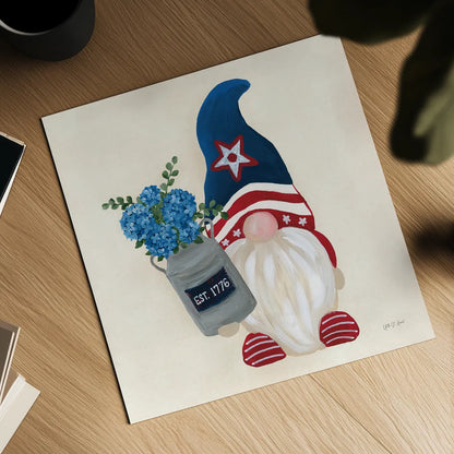 American Gnome VI by Yvette St. Amant. Shown as a detailed flat fine art print, highlighting archival giclee quality. Available as an archival giclee rolled canvas, fine art paper, or poster print. SKU 91834a.