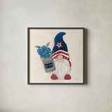 American Gnome VI by Yvette St. Amant. Shown in a sleek black glass frame for a contemporary gallery look. Available as an archival giclee rolled canvas, fine art paper, or poster print. SKU 91834a.